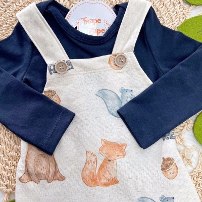 Conj. Body Manga Longa e Jardineira Animais Aquarela de Moletom em Linho - Areia e Marinho